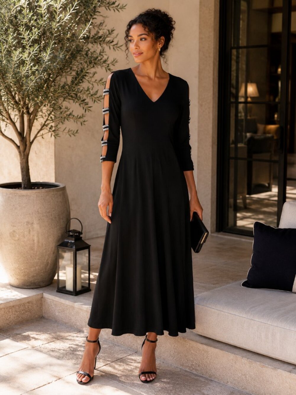 MSK | NWT | Black Rhinestone Cold Shoulder Midi Dress |Size M | A-1821 - Picture 2 of 11